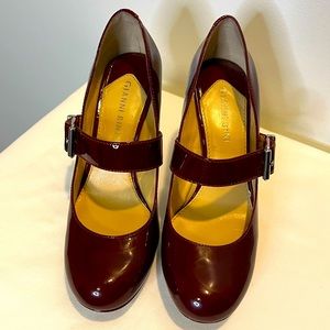 Gianni Bini deep red Mary Jane heels with silver buckle.